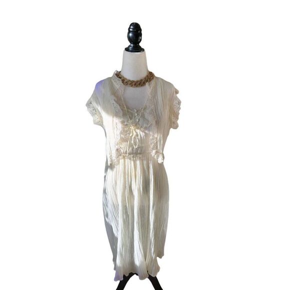 Vintage Dresses & Skirts - 70s Cream Cottagecore Sundress with Petticoat Lace Ribbon 1970s Vintage Bridal